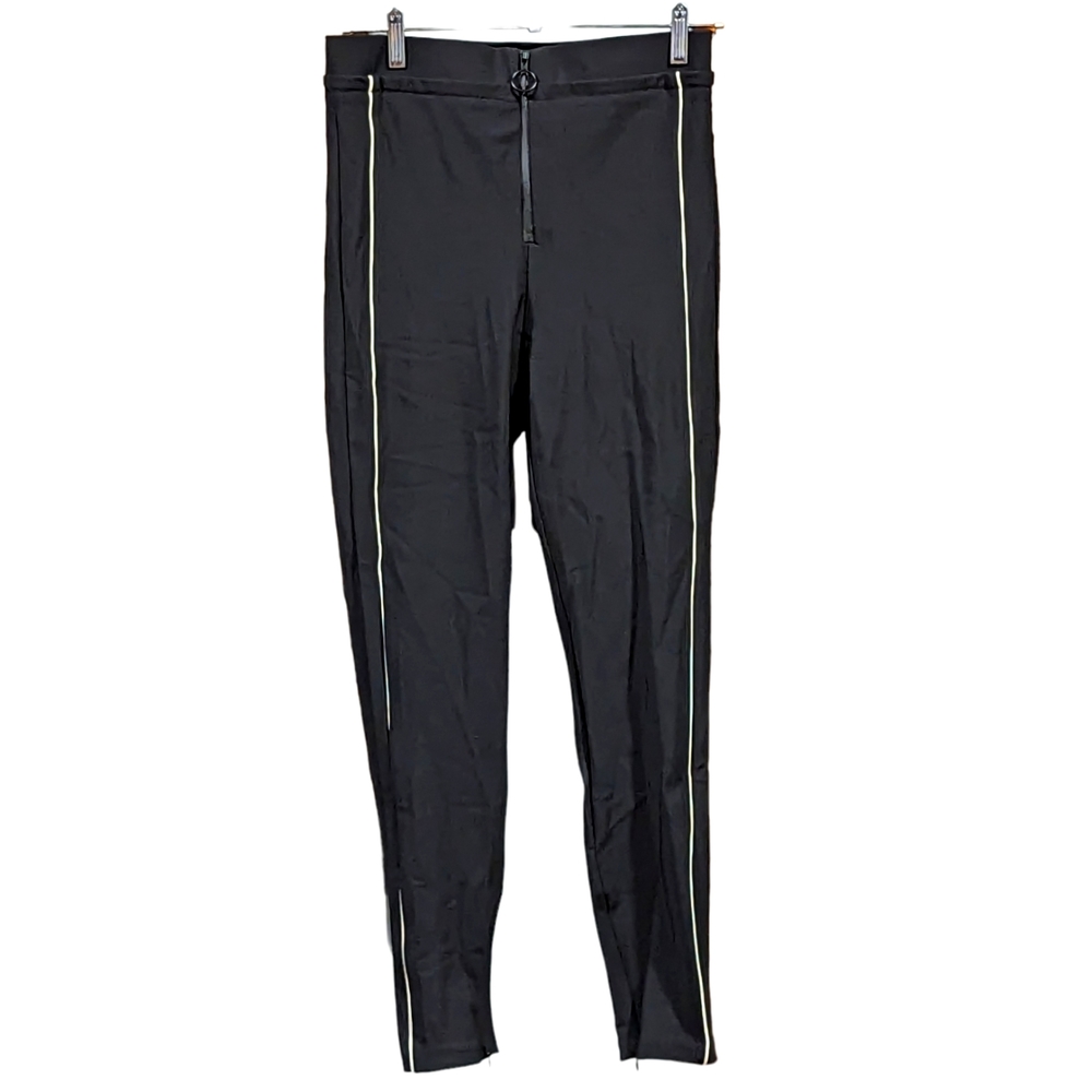 Zara High Rise Black Leggings w/White Side Seam Pinstripes Size Large